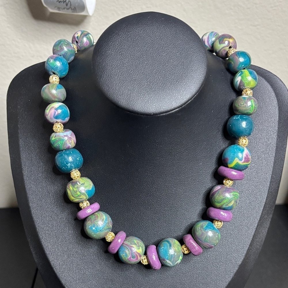 Vintage Handcrafted Clay Tie Dye Colorful Beaded Necklace